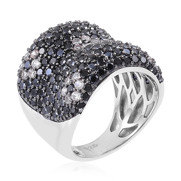 Boi Ploi Black Spinel and White Zircon Floral Pattern Ring in Black Rhodium Plated Sterling Silver 6.450 Ct. Silver wt 7.01 Gms.