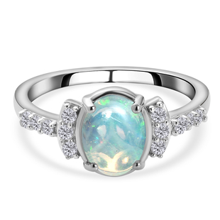 Ethiopian Welo Opal and Natural Cambodian Zircon Ring in Platinum Overlay Sterling Silver 1.05 Ct.