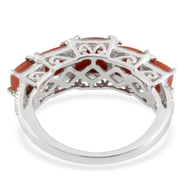 Natural Mediterranean Coral (Sqr), Diamond Ring in Platinum Overlay Sterling Silver 2.010 Ct.