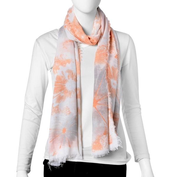 Orange, Grey and White Colour Floral Pattern Scarf with Fringes (Size 180X90 Cm)