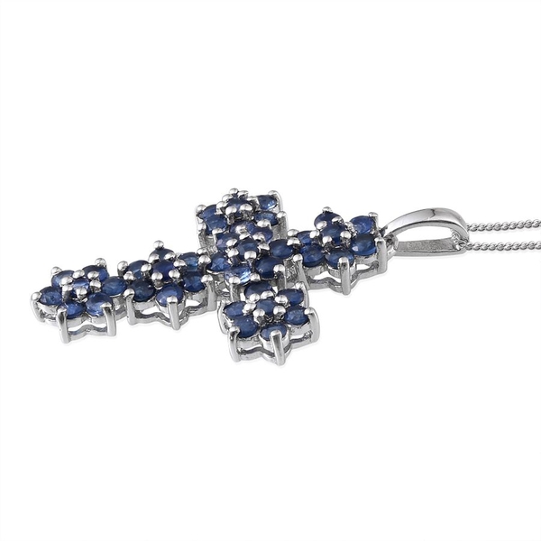 Kanchanaburi Blue Sapphire (Rnd) Floral Cross Pendant With Chain in Platinum Overlay Sterling Silver 4.250 Ct.