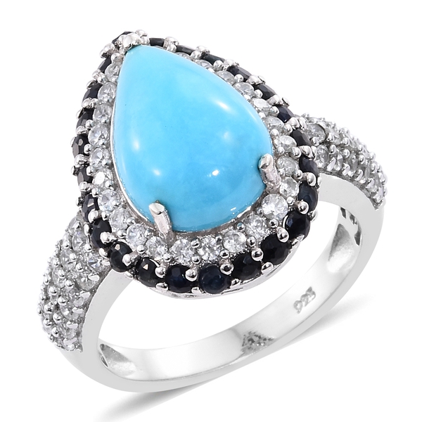 7.25 Ct Sleeping Beauty Turquoise and Multi Gemstone Halo Ring in Platinum Plated Silver 5.17 Grams