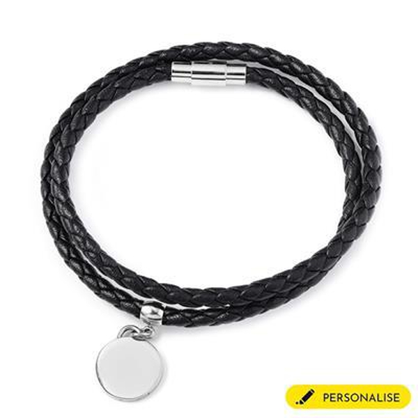 Personalised Engravable Double Braided Black Leather Disc Charm Bracelet, Size 8 Inch
