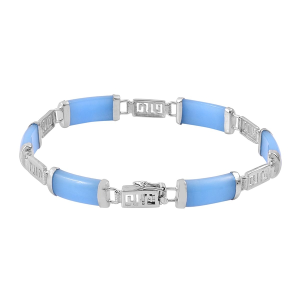 Light Blue Jade Chinese Character WAN (Abundance) Bracelet (Size 7.5) in Rhodium Plated Sterling Sil