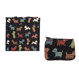 Signare Tapestry Playful Puppy Pattern Shopper Bag and Pouch (Size 30x30x14 Cm) - Black & Multi