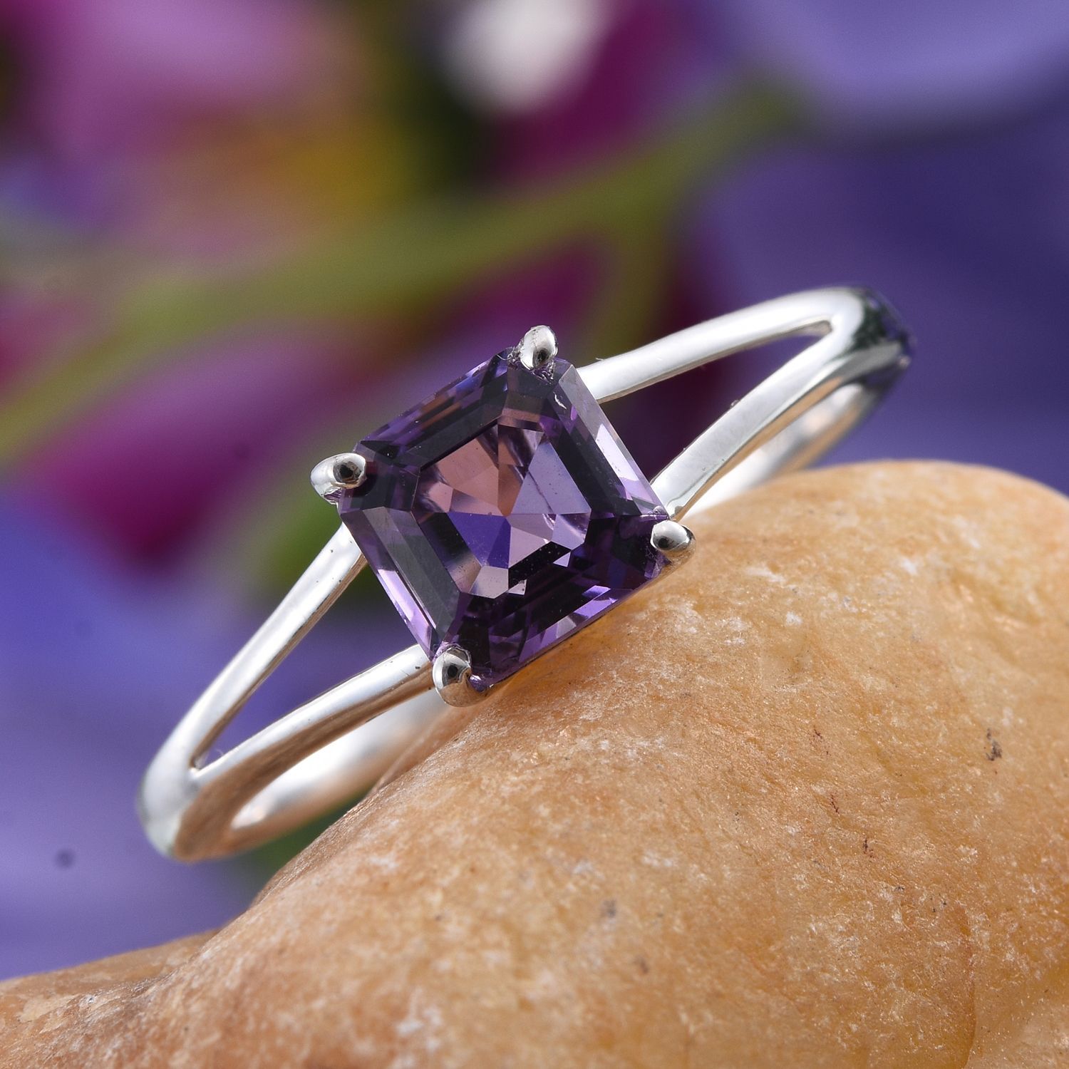 Asscher Cut Amethyst (Oct) Solitaire Ring in Platinum Overlay Sterling Silver 1.750 Ct.