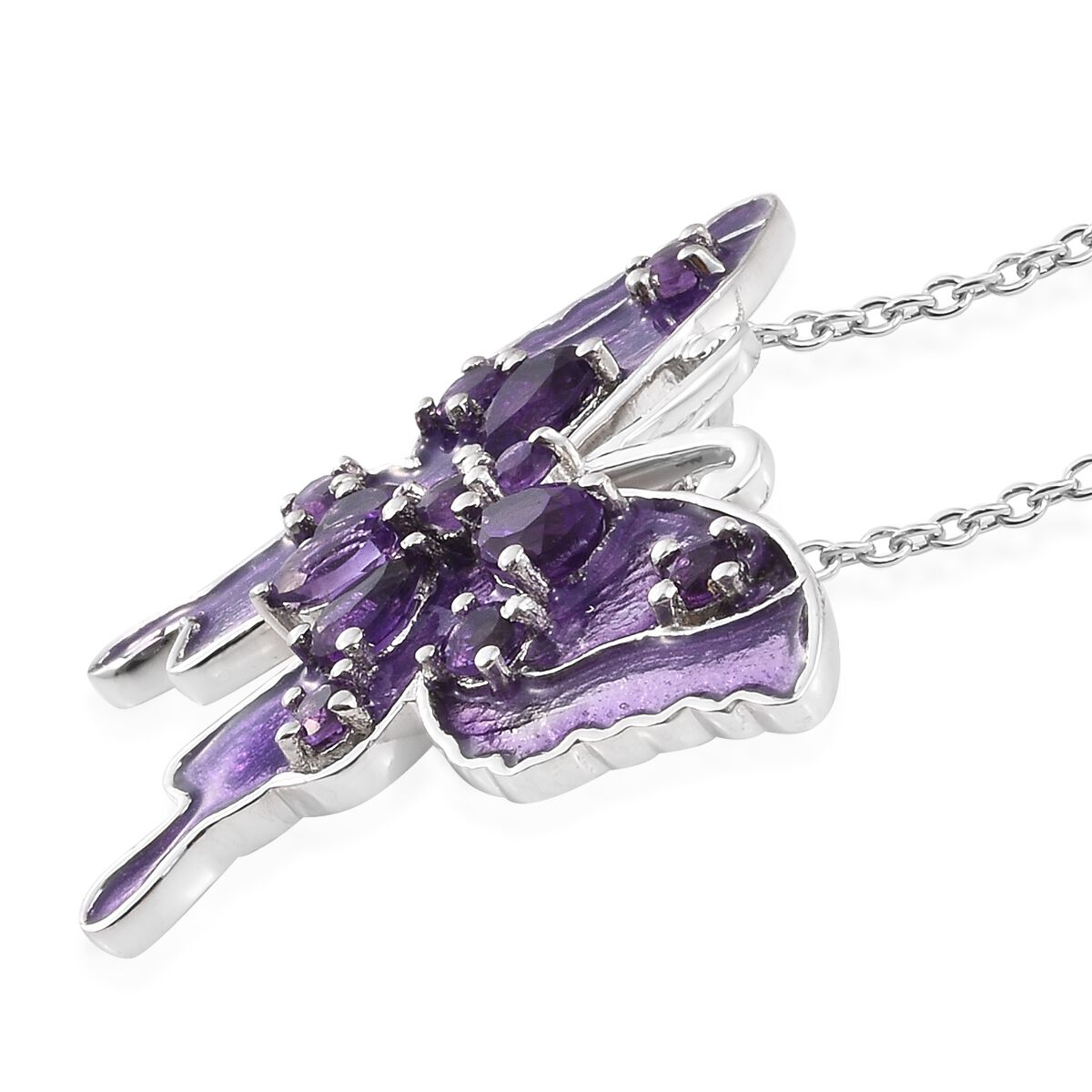 GP - African Amethyst & Blue Sapphire Purple Colour Enameled Butterfly Pendant with Chain (Size - 20) in Rhodium Overlay Sterling Silver 1.90 Ct.