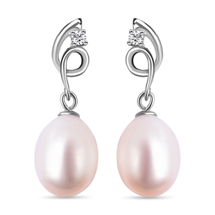 Freshwater White Pearl and Simulated Diamond Drop Earrings (with Push Back) in Rhodium Overlay Sterl