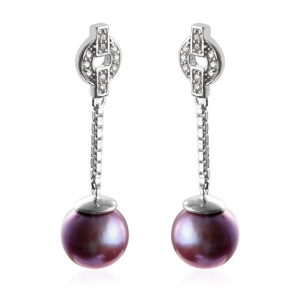Purple Edison Pearl and Natural Cambodian Zircon Dangling Earrings (with Push Back) in Platinum Over