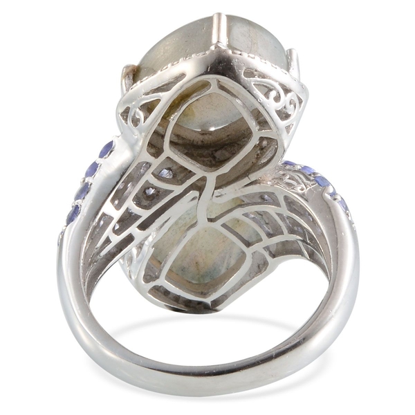Labradorite (Cush), Tanzanite and Diamond Crossover Ring in Platinum Overlay Sterling Silver 13.770 Ct.