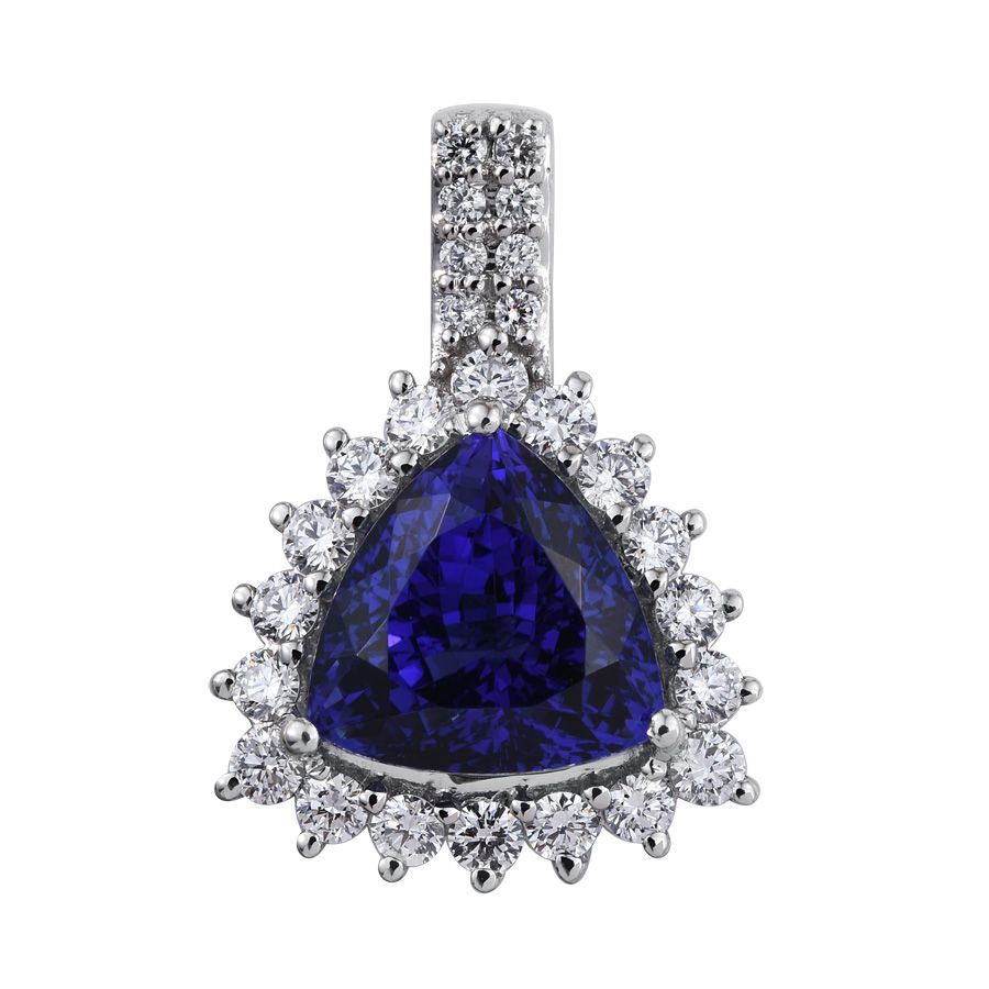 RHAPSODY 950 Platinum 6.50 Carat AAAA Tanzanite Trillion Halo Pendant, Diamond VS E-F.
