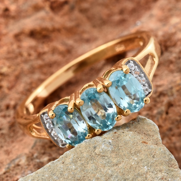 Blue Zircon, Natural Cambodian Zircon Ring in Gold Plated Silver 2 Carat