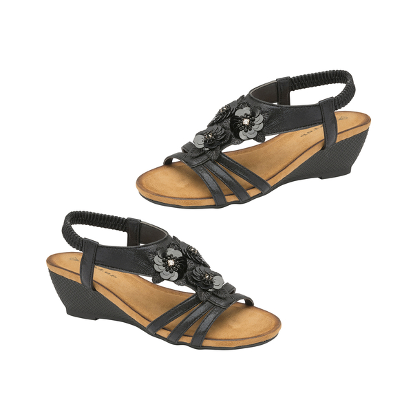 DUNLOP Gwen Floral Open Toe Sandals With Elasticated Sling-Back (Size 4) - Black