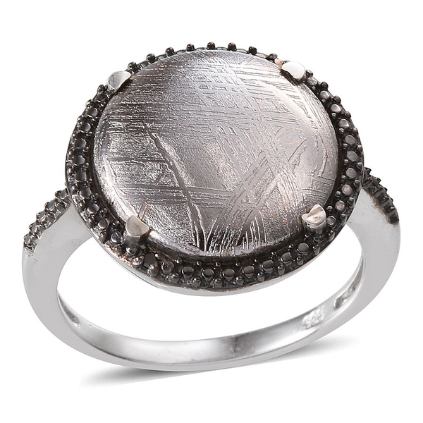 Meteorite (Rnd 15.00 Ct), Black Diamond Ring in Platinum Overlay Sterling Silver 15.010 Ct.