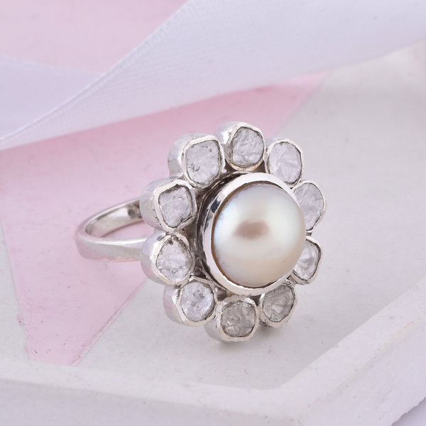 Artisan Crafted South Sea Pearl and Polki Diamond Ring in Platinum Overlay Sterling Silver, Silver wt. 5.27 Gms