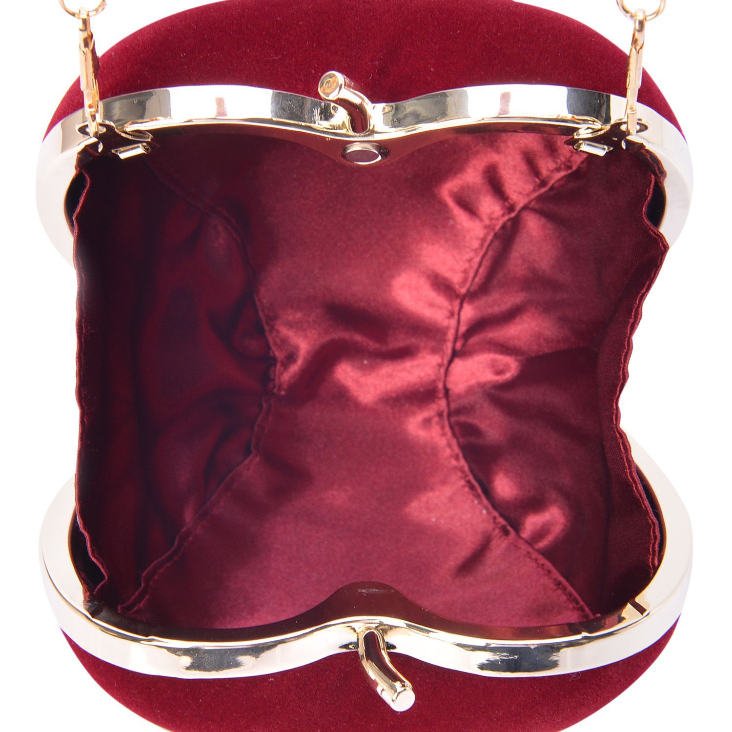 Burgundy Colour Apple Shape Clutch Bag in Gold Tone with Removable Chain Strap (Size 12x12x6 Cm)