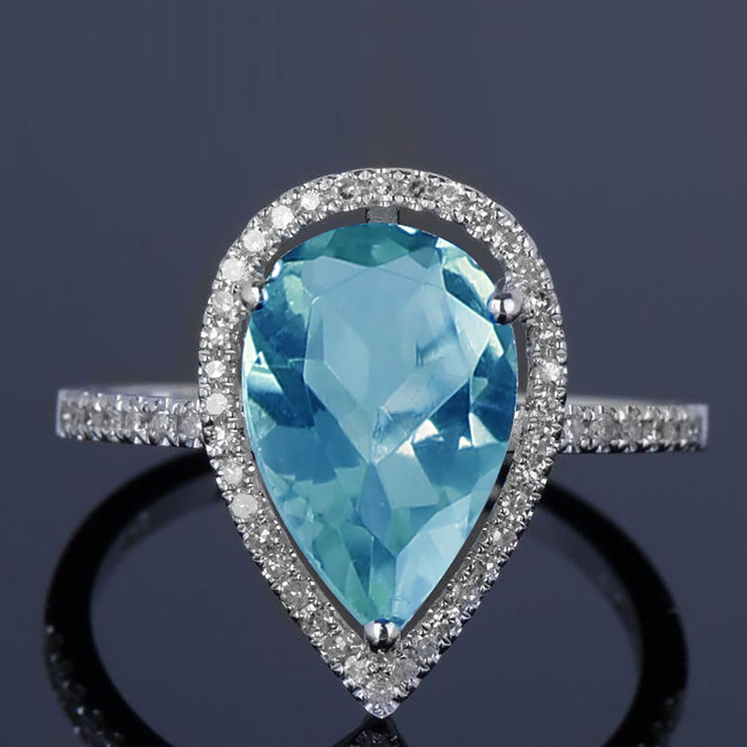 New York Close Out - Sky Blue Topaz (Pear 12x8 mm), Simulated Diamond Ring in Rhodium Overlay Sterli