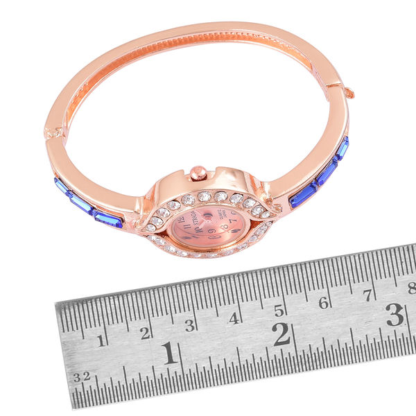 Designer Inspired STRADA Japanese Movement Bangle Watch (Size 7-8) in Rose Gold Tone with White Austrian Crystal and Simulated Blue Diamond