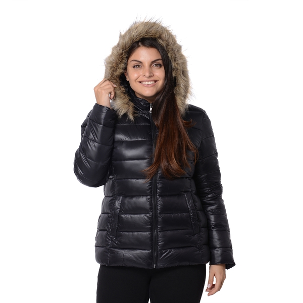 Women Puffer Jacket with Faux Fur Trim Hood and Two Pockets (Size L, 14-16) - Black