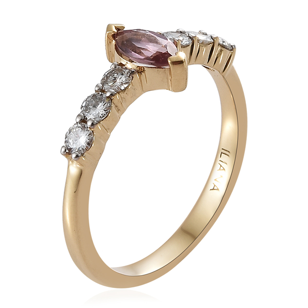 Extremely Rare-ILIANA 18K Yellow Gold AAA Padparadscha Sapphire (Mrq), Diamond (SI/G-H) Ring  0.750 Ct