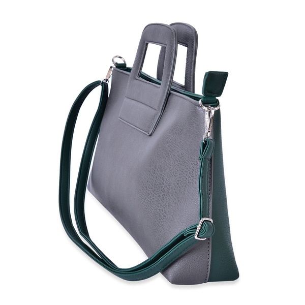 Grey and Green Colour Tote Bag with External Zipper Pocket and Adjustable and Removable Shoulder Strap (Size 41x35x20x9 Cm)