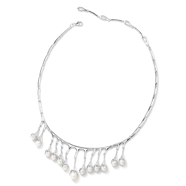 LucyQ Freshwater White Pearl (Pear) Drip Necklace (Size 16 and 4 inch Extender) in Rhodium Overlay Sterling Silver, Silver wt 36.00 Gms.