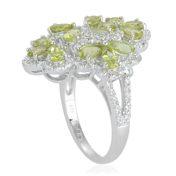 Hebei Peridot (Pear), White Topaz Ring in Platinum Overlay Sterling Silver 2.838 Ct.