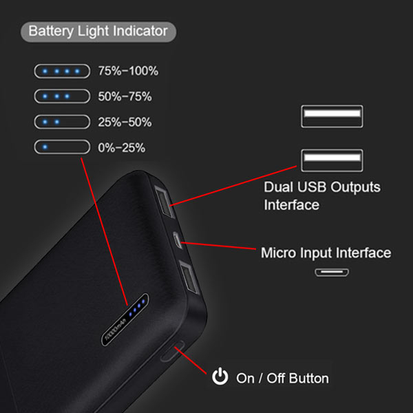 Wesdar 10000 mah Portable Power Bank S69 with Double USB Output (Size:10x6Cm) - Black