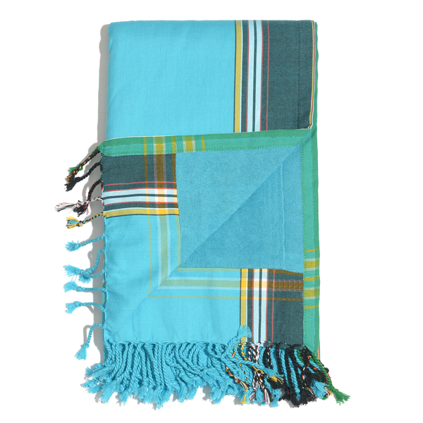 100% Cotton (Front) and 100% Polyester (Back) Turquoise with Blue Border Kikoy Towel (Size 160x90 Cm) with a Concealed Pocket