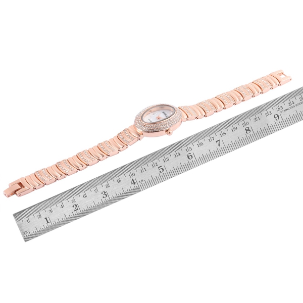 STRADA Japanese Movement White Austrian Crystal Studded White Dial Water Resistant Watch in Rose Gold Tone with Stainless Steel Back and Chain Strap