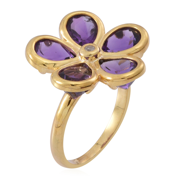 Natural Uruguay Amethyst (Pear), Natural White Cambodian Zircon Floral Ring in 14K Y Gold Overlay Sterling Silver 6.500 Ct.