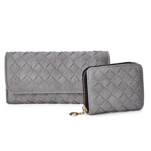 Celina Classic Light Grey Intrecciato Textured Wallet And Cardholder Set (Size 19x10x2.5 Cm and 10.5