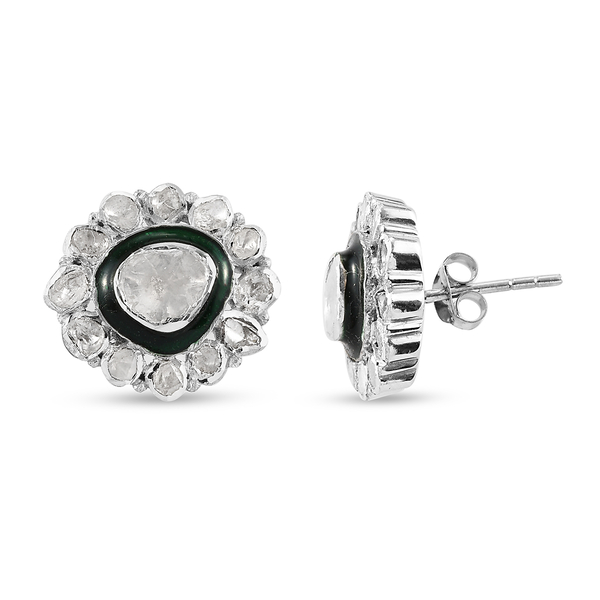 GP Polki Diamond and Blue Sapphire Enamelled Stud Earrings (with Push Back) in Platinum Overlay Sterling Silver 1.530 Ct.