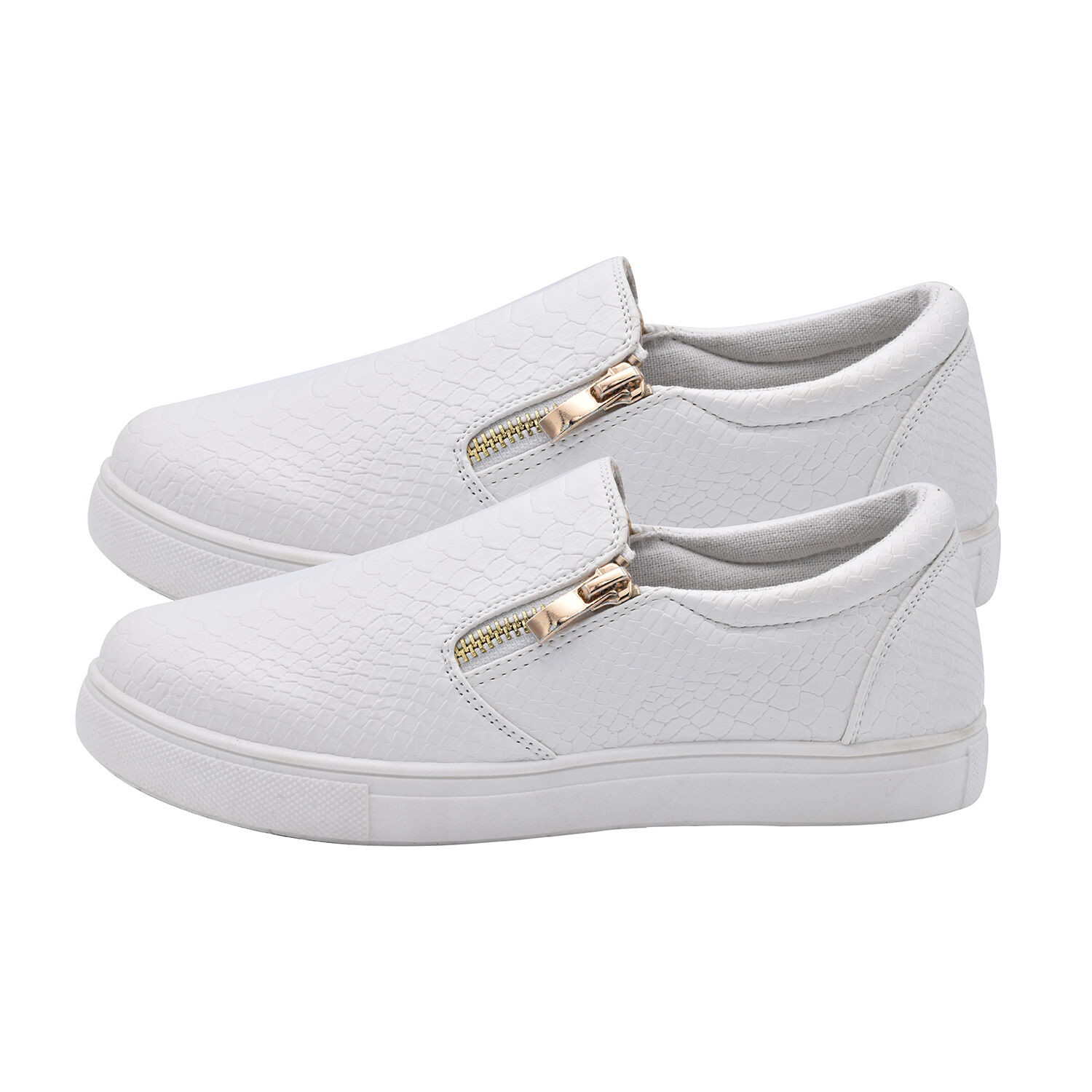 White Croc Pattern Zipper Canvas Trainers