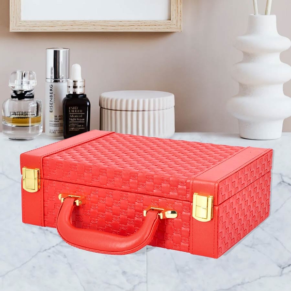 Red Colour Woven Pattern Briefcase Design Double Layer Jewellery Box with Mirror Inside (Size 27.5X18.5X9 Cm)