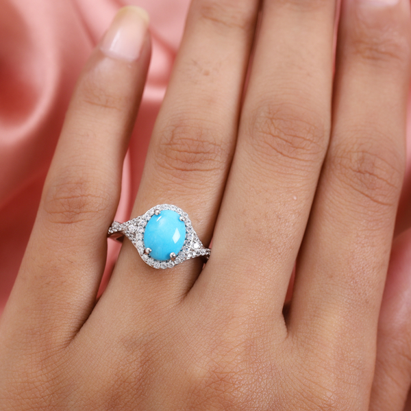 Arizona Sleeping Beauty Turquoise and Natural Cambodian Zircon Ring in Platinum Overlay Sterling Silver 2.64 Ct.