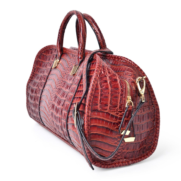 Chocolate Colour Croc Embossed Tote Bag with External Zipper Pocket and Adjustable and Removable Shoulder Strap (Size 40.5X21.5X15 Cm)
