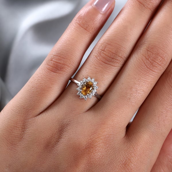 Citrine and Natural Cambodian Zircon Ring in Platinum Overlay Sterling Silver 1.16 Ct.