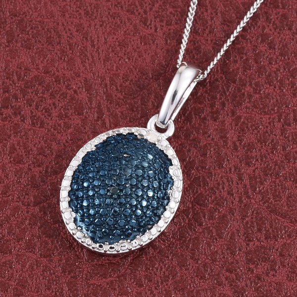 Blue Diamond (Rnd), White Diamond Pendant With Chain in Platinum Overlay Sterling Silver
