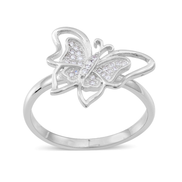 ELANZA AAA Simulated White Diamond (Rnd) Butterfly Ring in Rhodium Plated Sterling Silver
