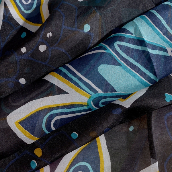100% Mulberry Silk Black, Blue and Multi Colour Handscreen Floral and Hearts Printed Scarf (Size 180X50 Cm)