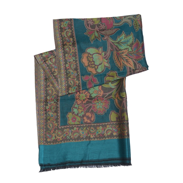 100% Modal Multi Colour Floral, Leaves and Paisley Pattern Turquoise Colour Jacquard Scarf (Size 190x70 Cm)
