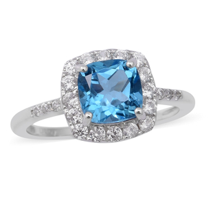 Swiss Blue Topaz and Natural Cambodian Zircon Ring in Rhodium Overlay Sterling Silver 2.47 Ct.