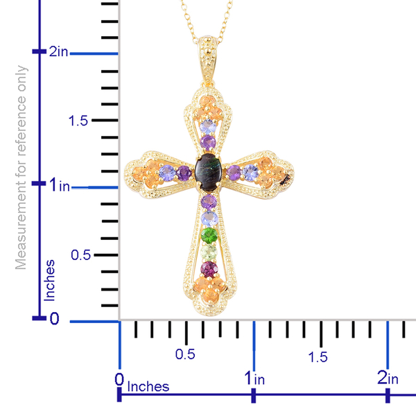 Canadian Ammolite (Ovl 0.75 Ct), Chrome Diopside, Rhodolite Garnet, Tanzanite, Hebei Peridot, Amethyst and Citrine Cross Pendant With Chain in 14K Gold Overlay Sterling Silver 2.750 Ct.