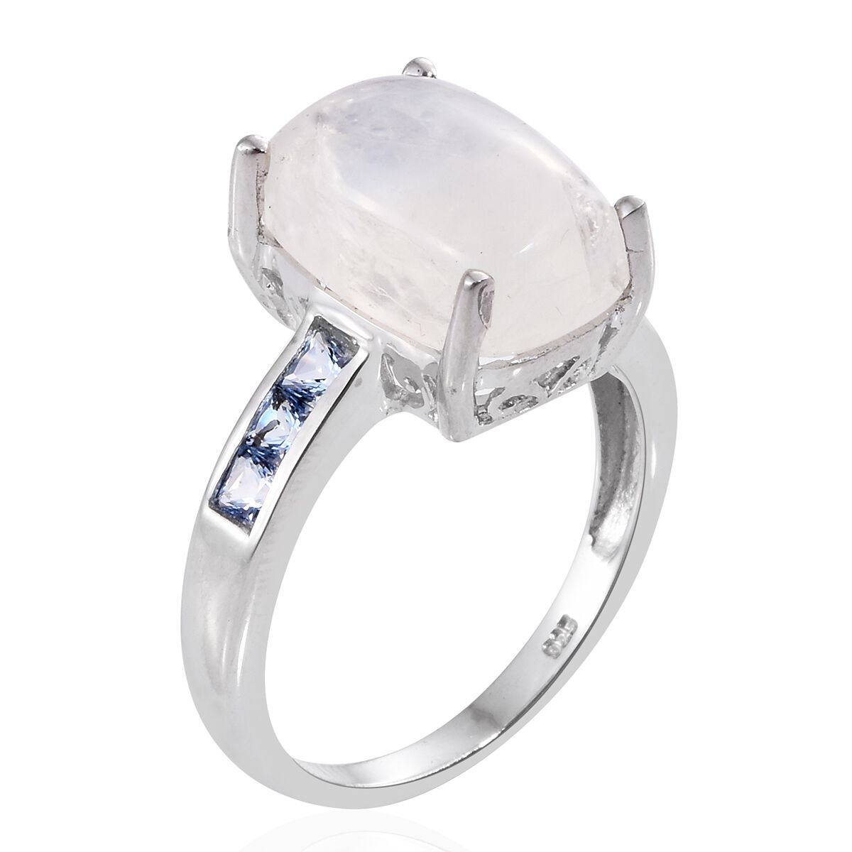 Sri Lankan Rainbow Moonstone (Cush 7.75 Ct), Signity Sum Blue Topaz Ring in Platinum Overlay Sterling Silver 8.250 Ct.