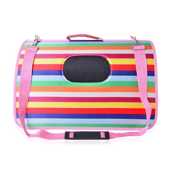 Pink, Green and Multi Colour Stripes Pattern Pet Carrier (Size 50X28x27 Cm) with Shoulder Strap