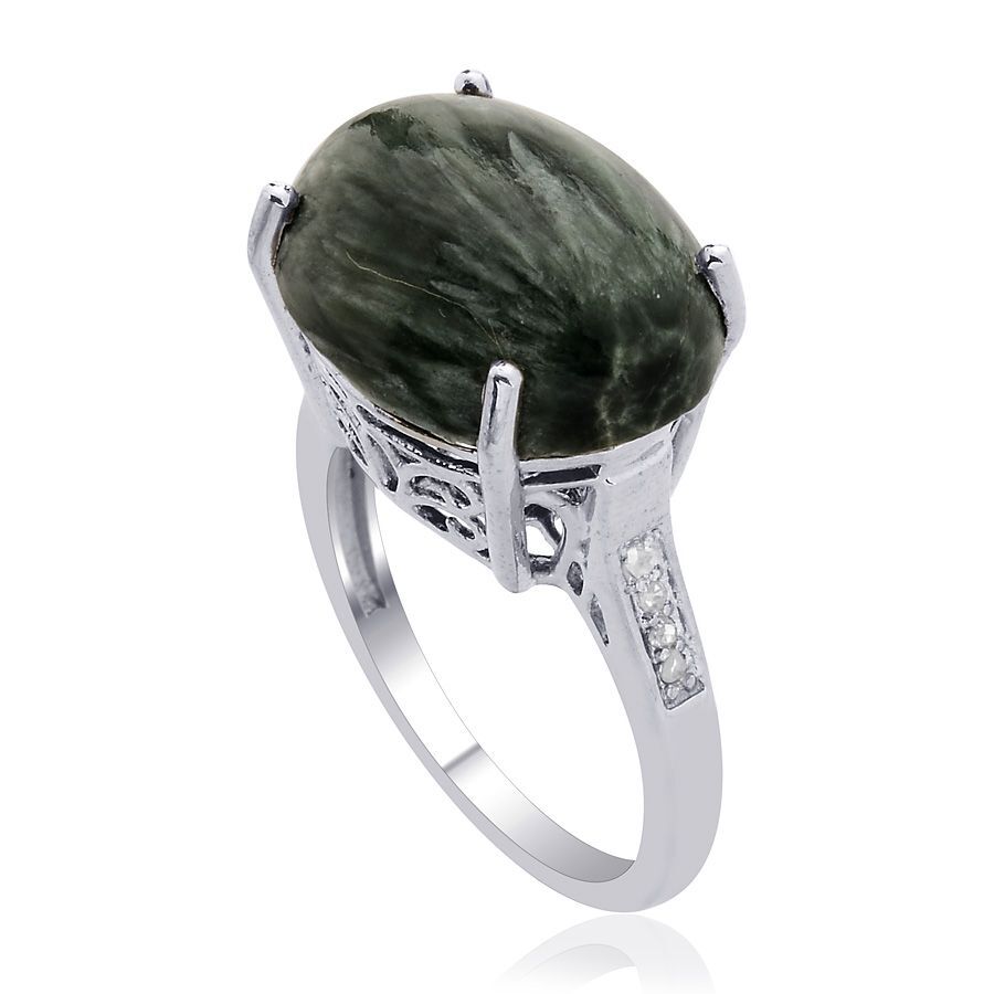 Siberian Seraphinite (Ovl 7.50 Ct) Diamond Ring in Platinum Overlay Sterling Silver  7.550 Ct.