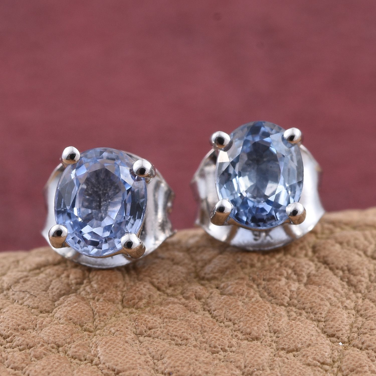 9K White Gold 1 Carat AA Ceylon Blue Sapphire Oval Solitaire Stud Earrings.