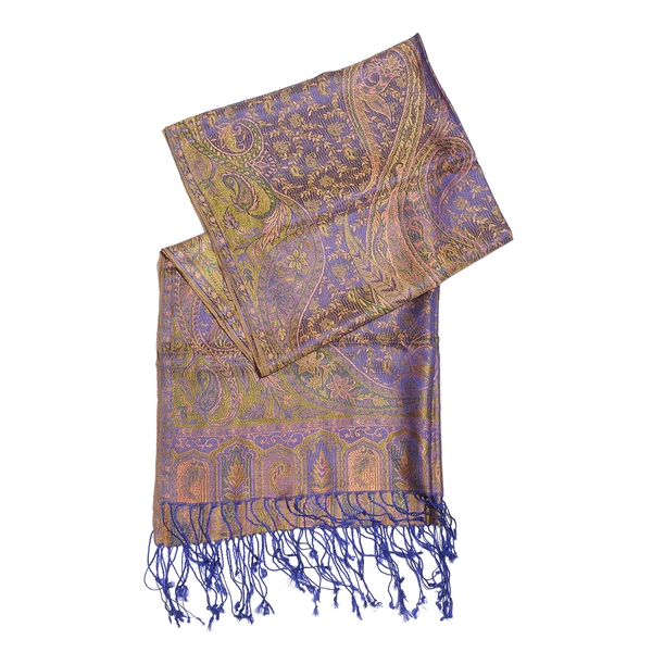 SILK MARK - 100% Superfine Silk Purple and Multi Colour Paisley and Floral Pattern Jacquard Jamawar Scarf with Tassels (Size 180X70 Cm) (Weight 125 - 140 Gms)