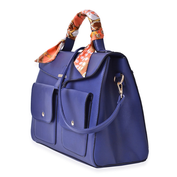 Navy Colour Large Tote Bag with External Pocket and Adjustable and Removable Shoulder Strap with Multi Colour Scarf (Size 35x28x16 Cm, 87x4 Cm)